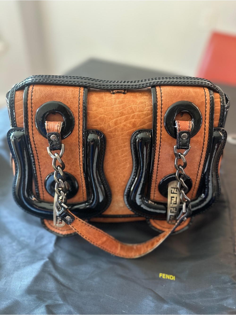 Fendi Tan and Black Patent Leather Shoulder Bag